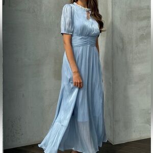 D-PLAY Elegant Blue Maxi Dress with Pearl Neckline Size M| US 6–8